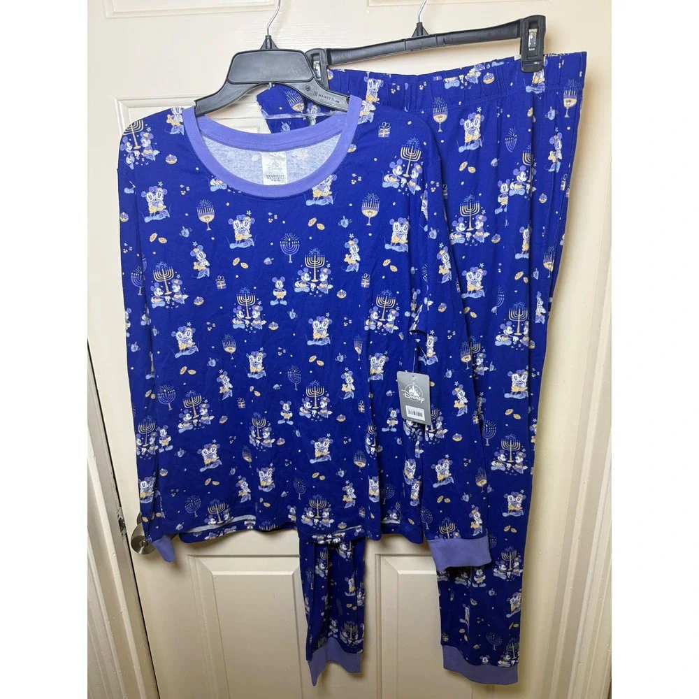 Disney Mickey Minnie Mouse Hanukkah Pajama Set XL Blue Menorah Dreidel Holiday